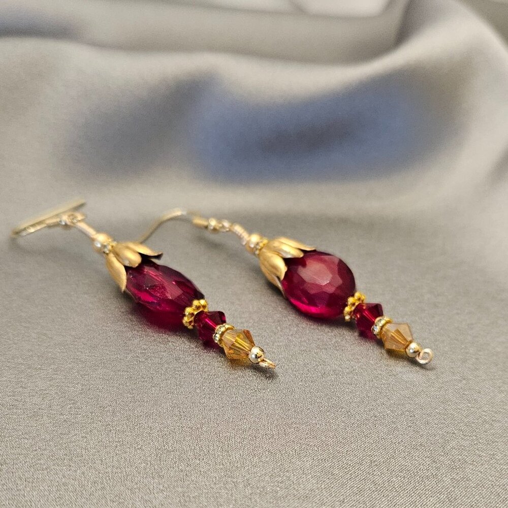 SALE!! Vibrant Ruby Red Crystal and Gold Tulip Dangling Earrings